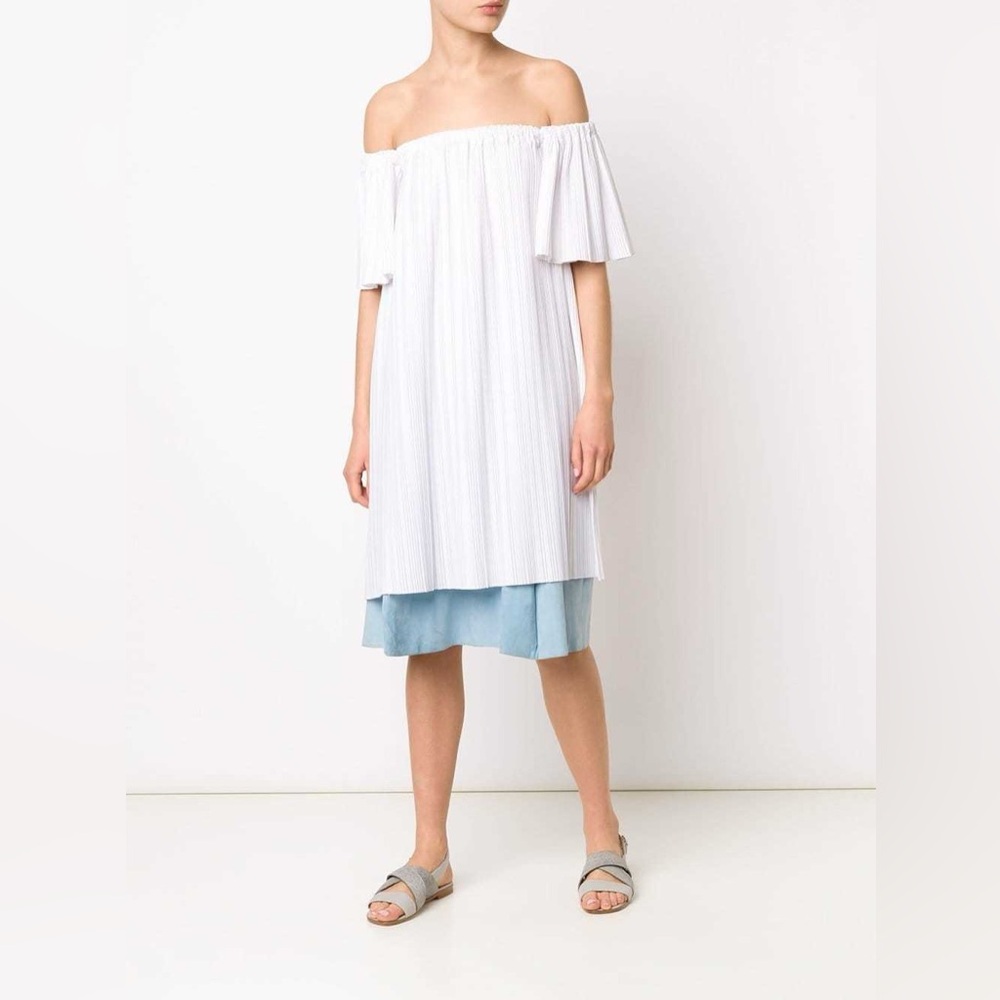 Adam Lippes Off The Runway Pleated Off The Shoulder White Pleated Blouse - Picture 2 of 7